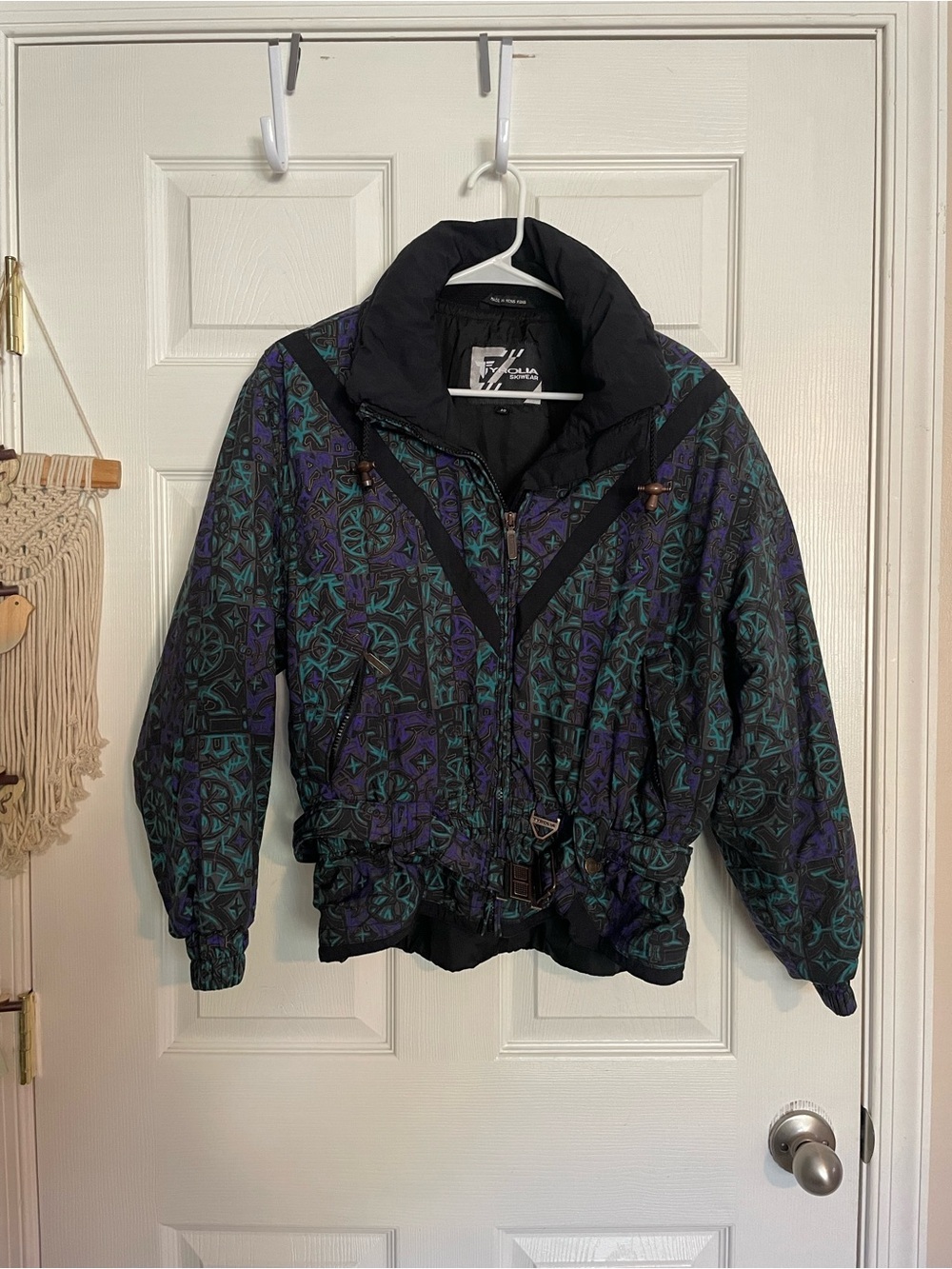 Vintage Tyrolia Skiwear size S/M Printed Bomber Jacket - Black, Purple & Teal